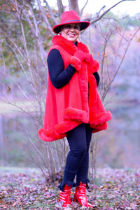 Red Trimmed Faux Fur Hooded Vest