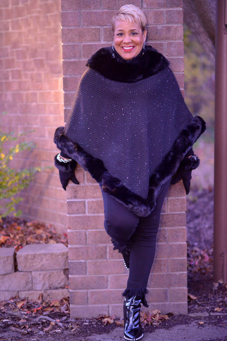 Sequined Black Trimmed Faux Fur Poncho